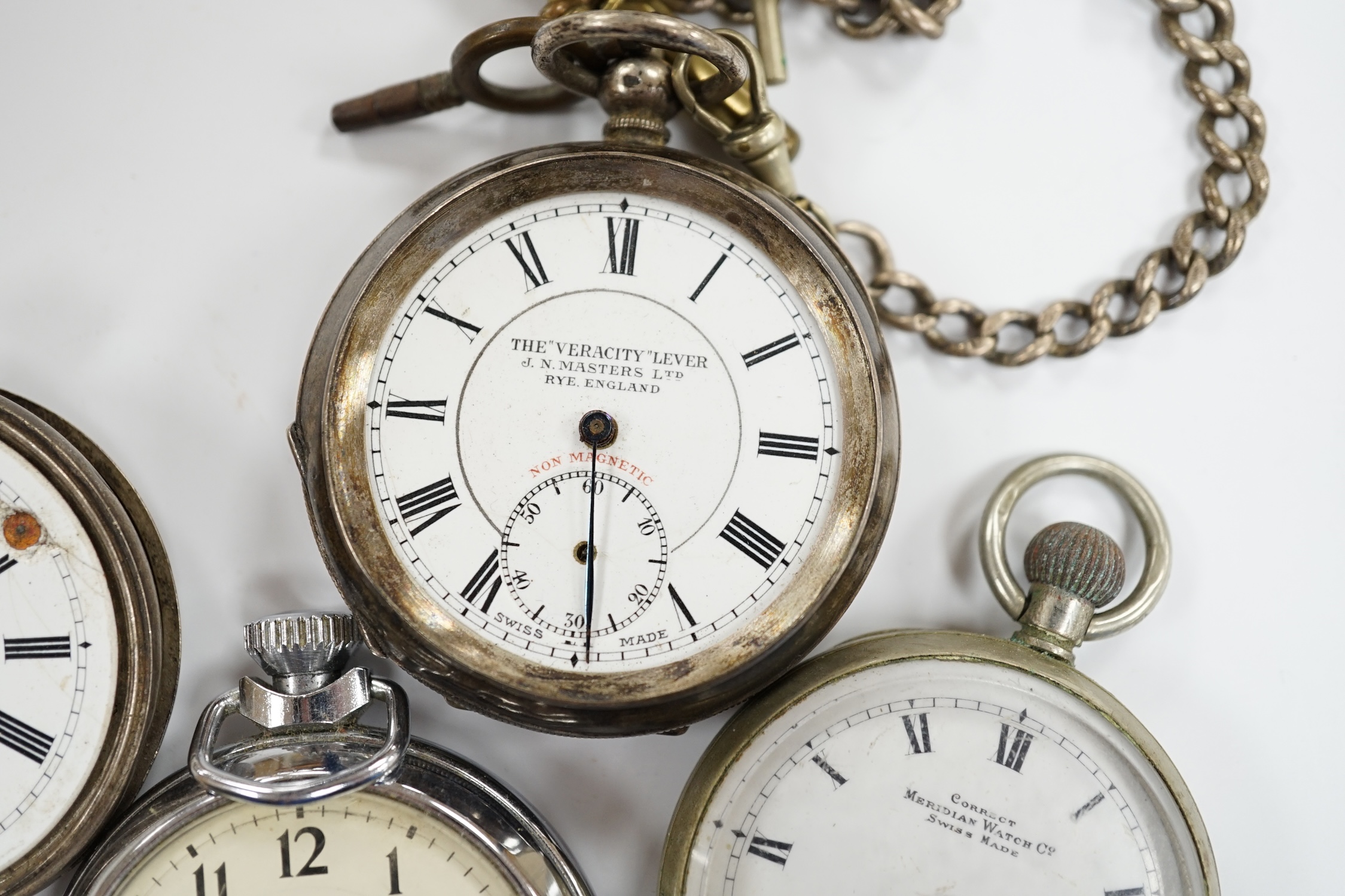 Six assorted pocket watches including silver 'The Veracity Lever' (a.f.)